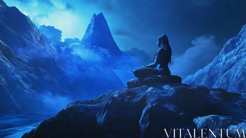 Meditative deity silhouette in blue glacial mountain atmosphere.