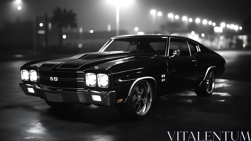 Classic black SS muscle car is parked on wet pavement