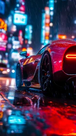 Red sports car in neon city rain with wet street reflections.