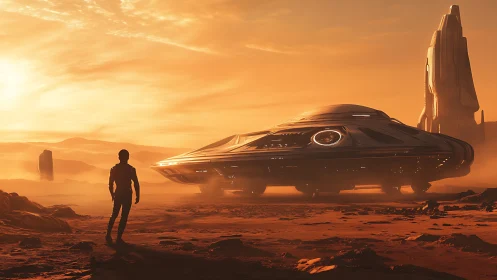 Cinematic sunset landing with streamlined starship on desert plain.