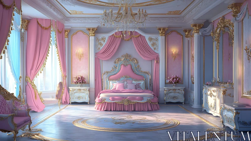 Ornate pink and gold bedroom interior rendered in high detail