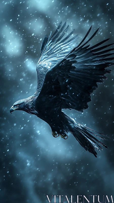 Dark eagle soars through heavy blue winter snowfall.