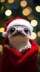 Bright-eyed holiday critter peeks out in cozy red cheer