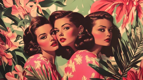 Three retro styled women posed among tropical foliage.