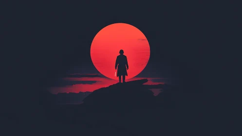 Silhouette faces colossal red sun over dark shoreline.