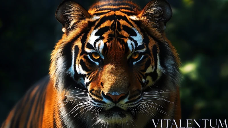 Golden eyed forest tiger under hush of jungle shadows.