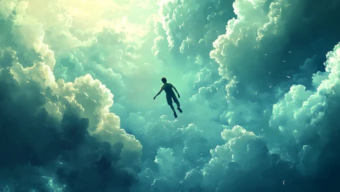 Solitary dreamer ascending through luminous teal clouds.