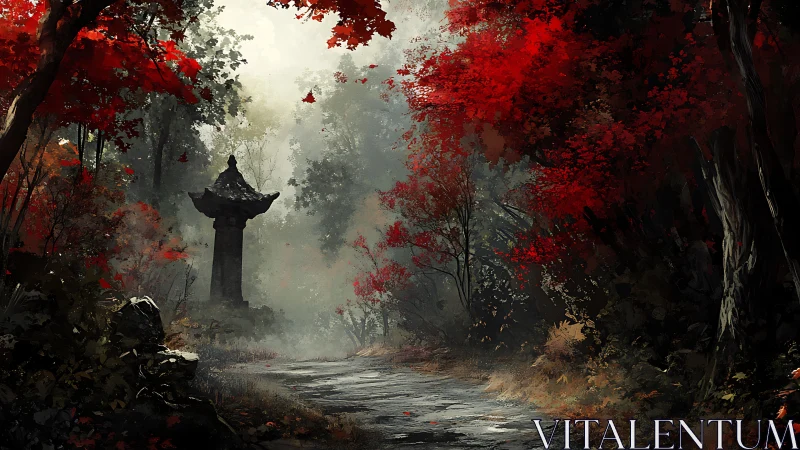 Misty Forest Path with Red Foliage and Ornamental Tower