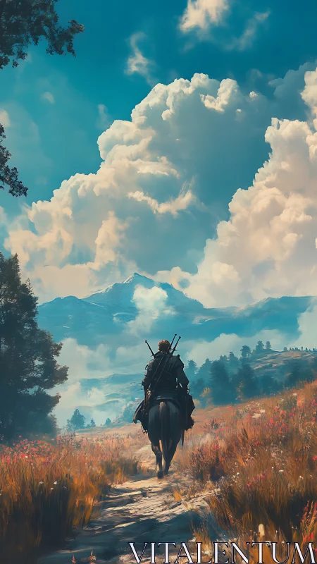 Lone rider moves toward distant blue mountains under clouds.