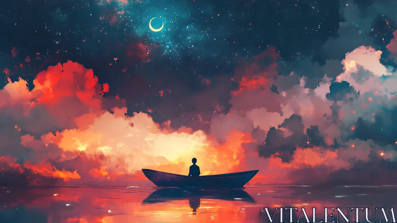 Solitary dreamer in a boat gazes toward a crescent moon.