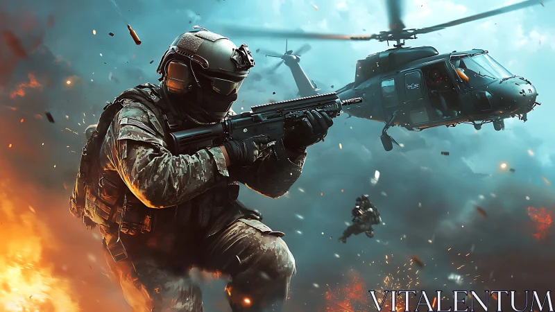 Elite soldier storms battlefield as combat helicopter hovers overhead.