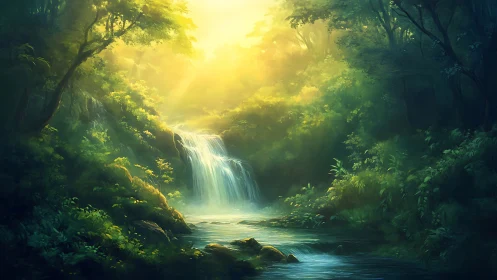 Luminous Cascade Through Ancient Forest Sanctuary.