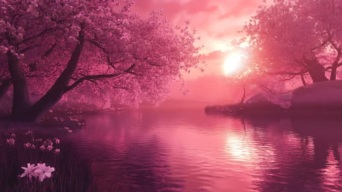 Blossom-drenched river where sunset melts into rosewater.