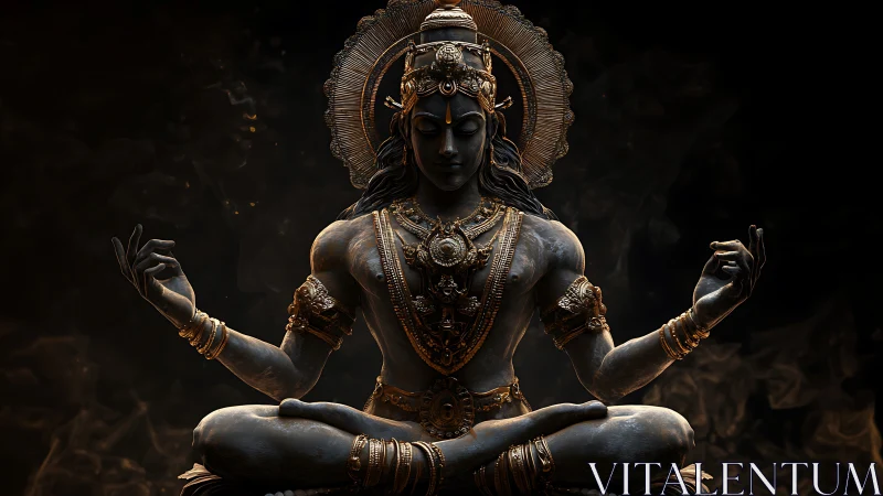 Bronze deity sculpture in meditative seated posture.