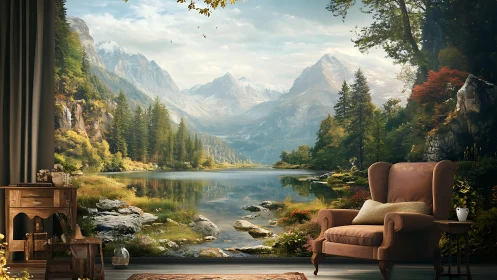 Living room armchair drifts into lake-wrapped mountain dream