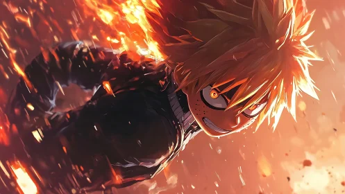 Fierce ember hero hurtles forward through molten twilight