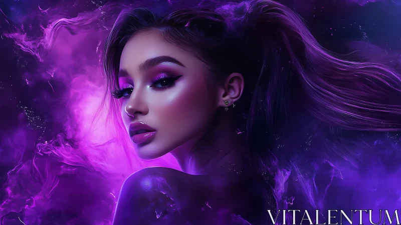 Digital portrait shows stylized woman in purple cosmic haze
