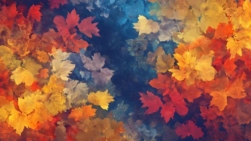 Gentle swirl of autumn leaves drifting through deep color.