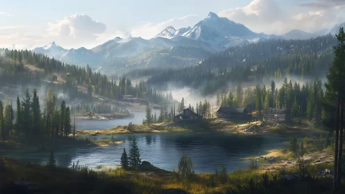 Sunlit cabins rest beside a misty alpine lake and peaks