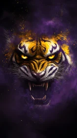 Snarling tiger emerges through violet smoke and sparks.