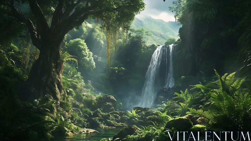 Waterfall flowing through verdant jungle canopy.