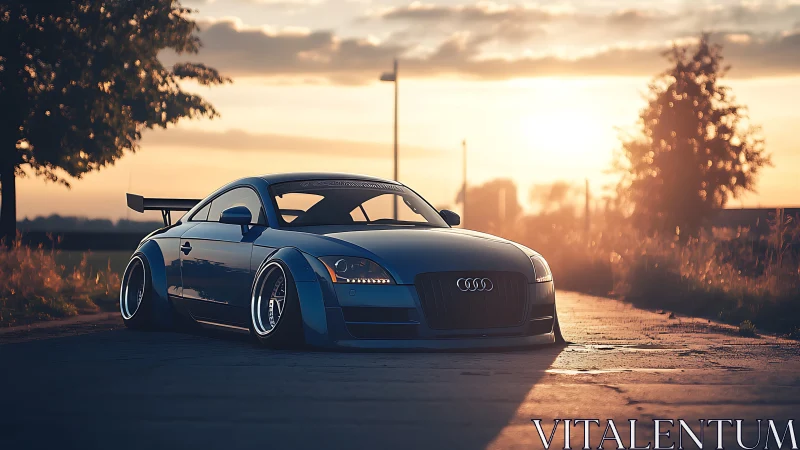 Sunset-slammed blue Audi crouches low on a glowing backroad.