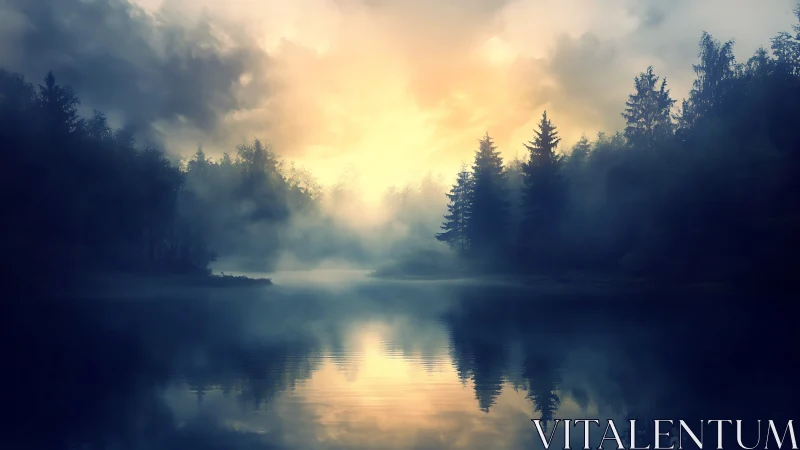 Misty conifer forest lake at sunrise with golden sky reflection.