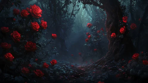 Dark forest path with red roses in dim light conditions