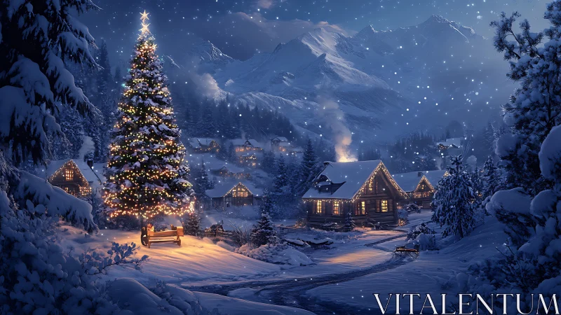 Starlit alpine Christmas village wrapped in snowfall magic.