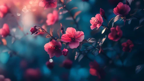 Delicate Pink Blooms Glow in Dreamy Teal Twilight