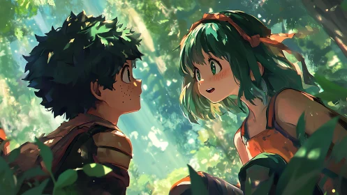 Anime forest vignette with backlit characters in dappled light.