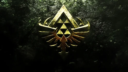 Gold winged crest with central triangle emblem on stone.