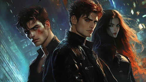 Triadic neon vigilantes in rain-slicked urban intensity.