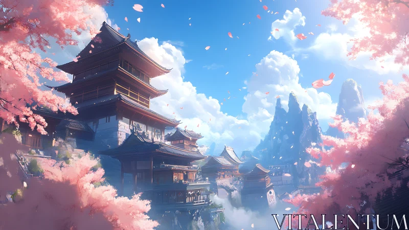 Tranquil mountain temple framed by soft pink blossoms.