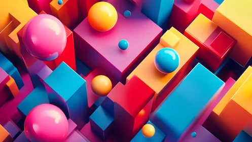 Vibrant 3D geometric blocks and spheres create playful motion