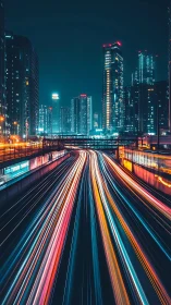 Night city highway with neon light trails and tall towers.
