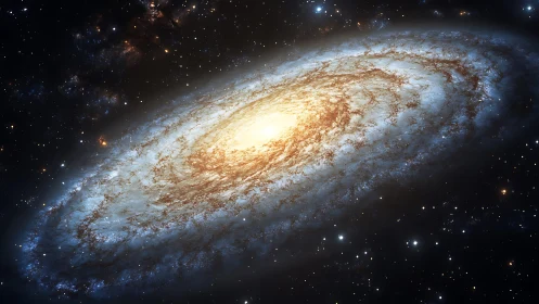 Spiral galaxy glows in deep space, radiating luminous starlight