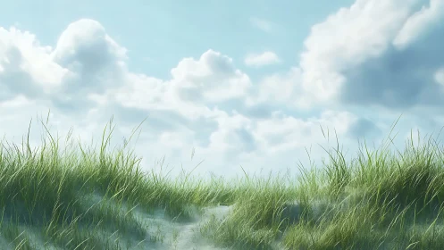 Soft coastal dunes rest beneath drifting summer clouds.