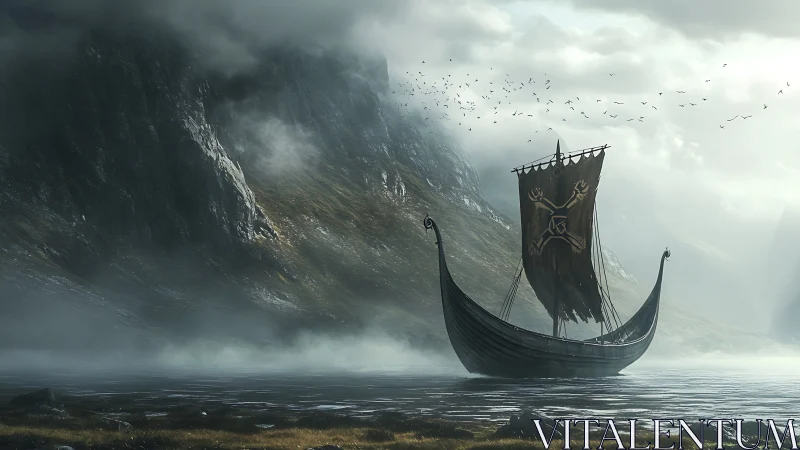 Viking longship under misty fjord cliffs at dawn.