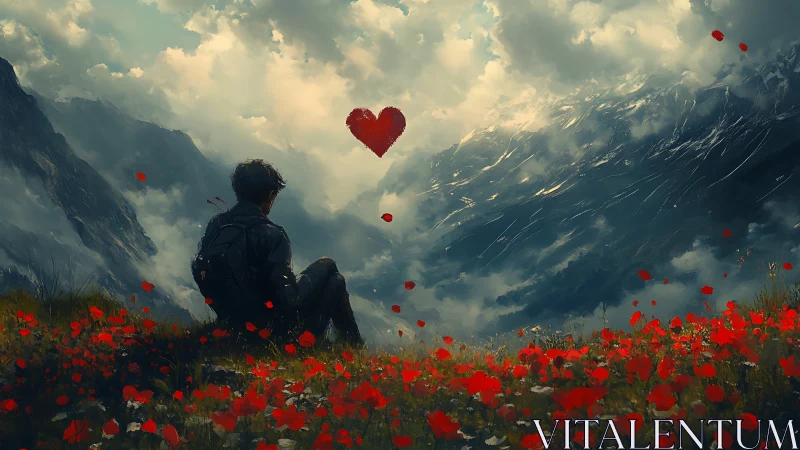 Solitary wanderer gazes upon crimson meadow and floating heart above alpine valley.