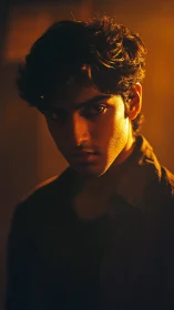 Low key portrait under tungsten rim lighting, dramatic chiaroscuro.