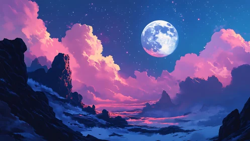 Moonlit dreamscape over glowing pink twilight clouds.