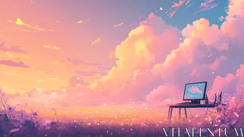 Wide pastel sky over minimalist desktop in luminous flower field