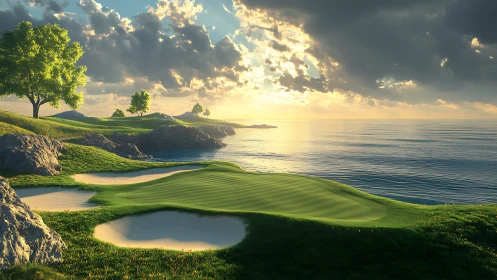 Sunlit oceanfront golf green curves beside bright sand bunkers