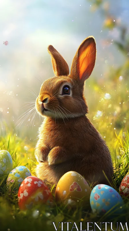 Backlit spring rabbit among patterned Easter eggs in dewy grass