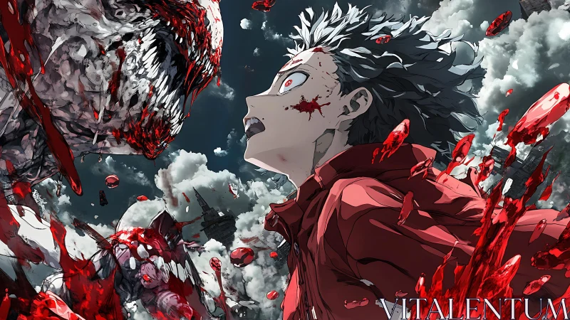 Anime fighter confronts monstrous creature in midair clash