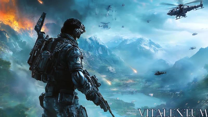 Heavily armed soldier surveys alpine battlefield under dense aerial assault