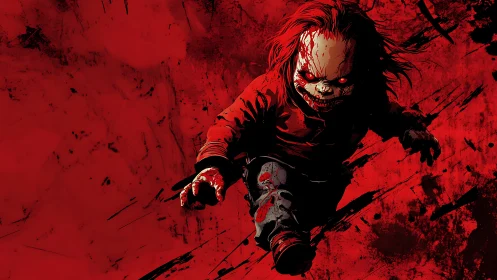 Blood slicked doll charges through a jagged crimson storm