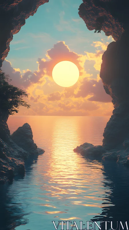 Sunset framed by rocky sea cave and calm water reflection.