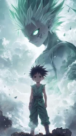 Young warrior under luminous spectral titan ascension.